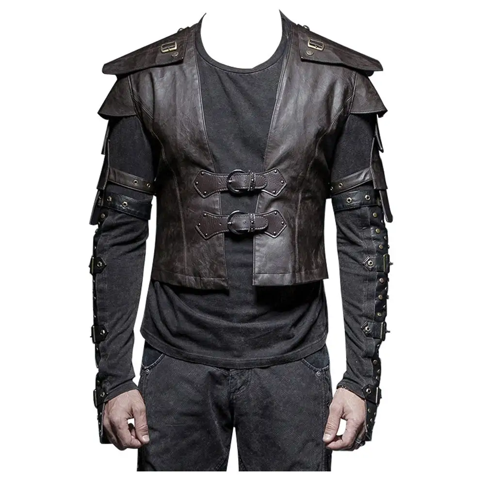 Men Black Leather Armour Vampire Vest With Straps Armour