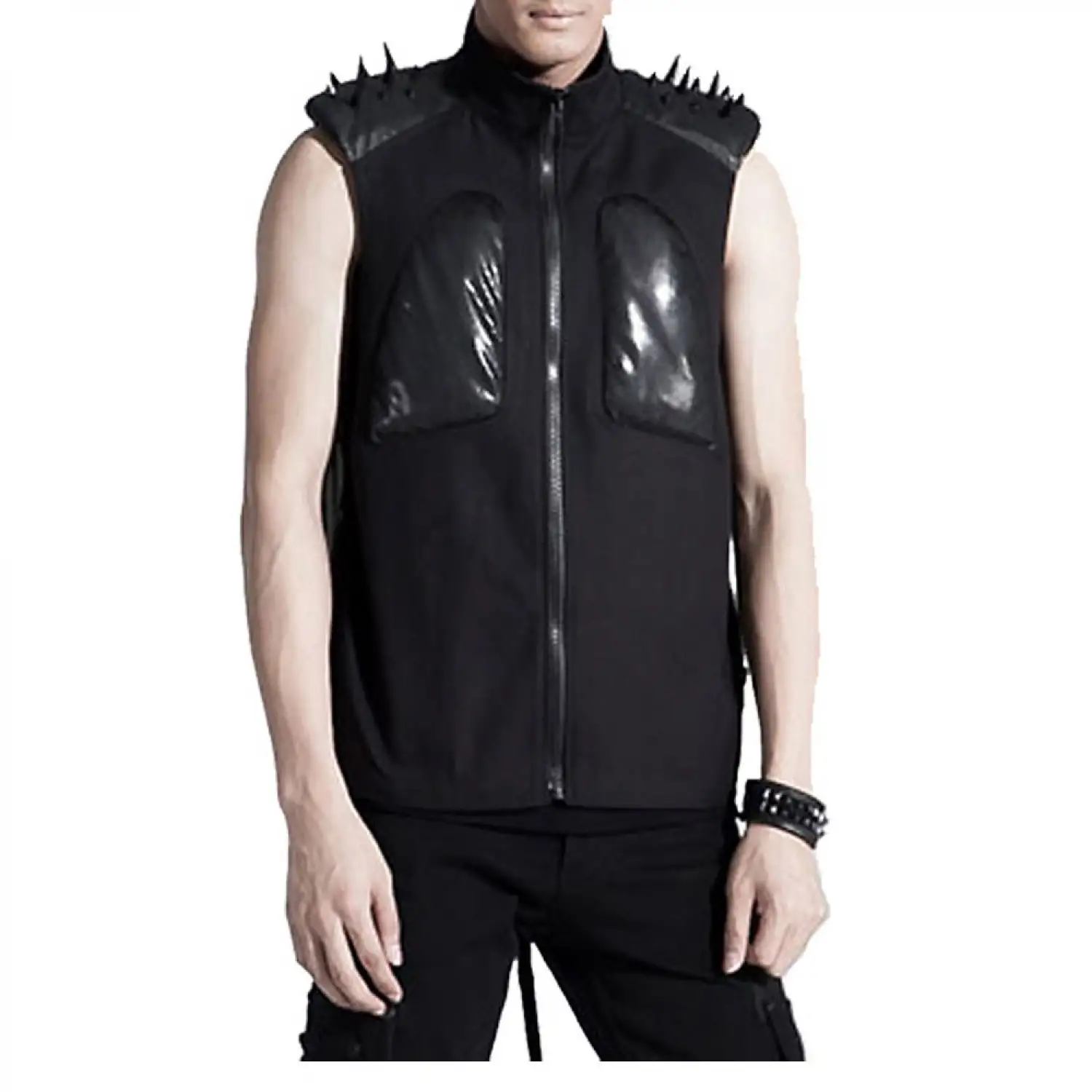Black gothic cotton vest for men featuring metal spikes on the shoulders and a front zipper.