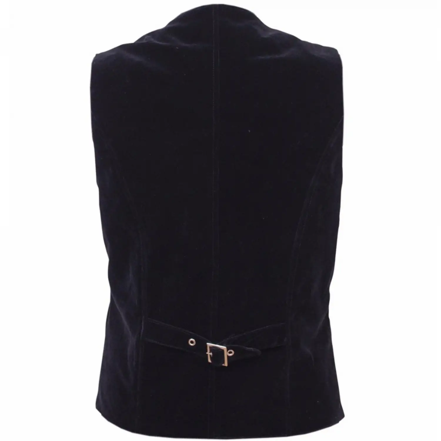 Men's navy blue velvet vest featuring Victorian styling and silver buttons.