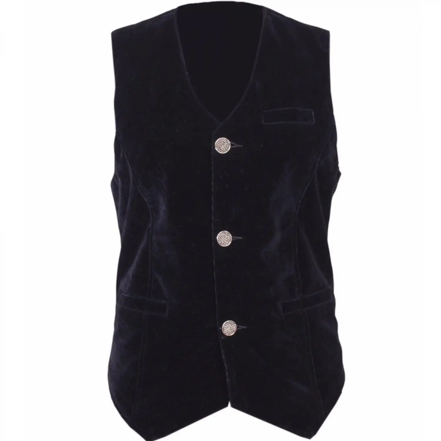 Men's navy blue velvet vest featuring Victorian styling and silver buttons.