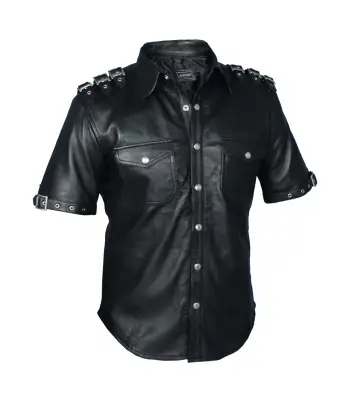 Gothic Real Leather Shirt Punk Rock Bondage Black Fetish Club Shirt