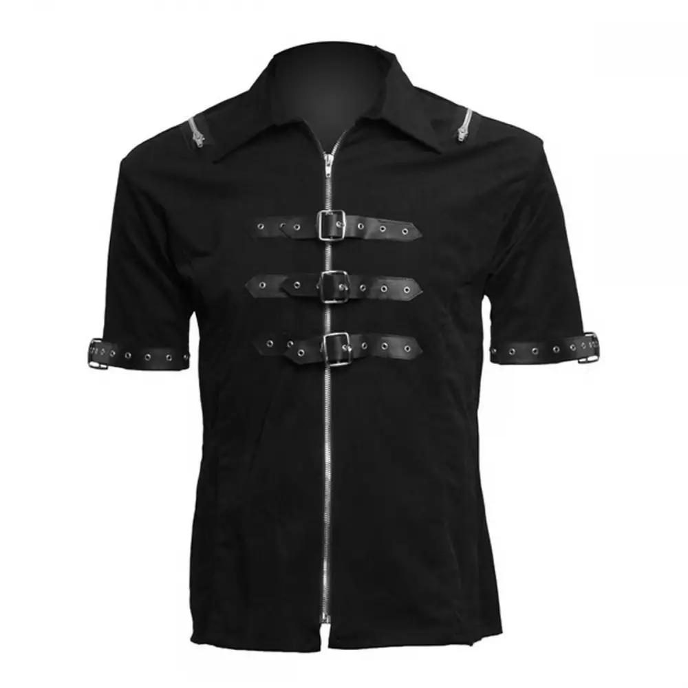 Goth Half Sleeve Men Shirt - Steampunk Leather Straps Shirt