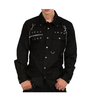 Men Goth Long Sleeve Shirt Punk Metal Studs Chains Button Up Shirts