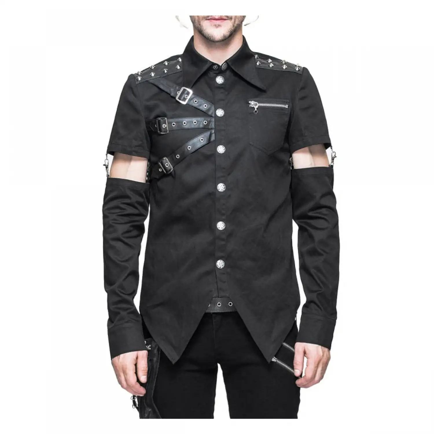 Men's Gothic long sleeve shirt with punk cutout strap details.