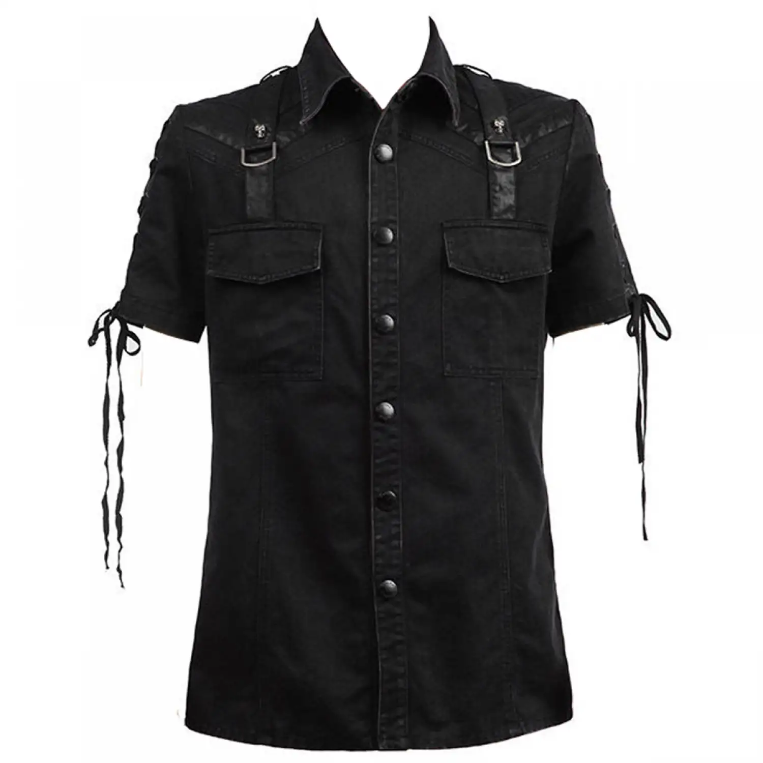 Men's black short sleeve steampunk shirt with lace-up sleeve details