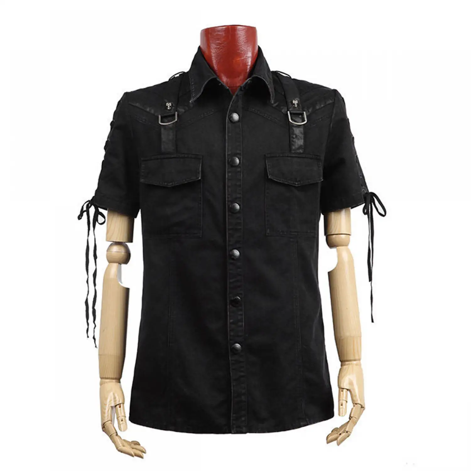 Men's black short sleeve steampunk shirt with lace-up sleeve details