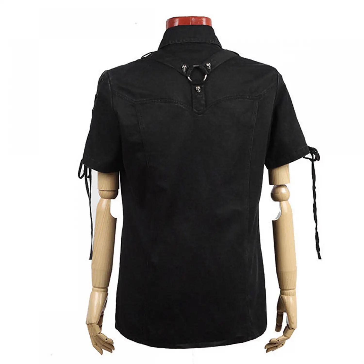 Men's black short sleeve steampunk shirt with lace-up sleeve details