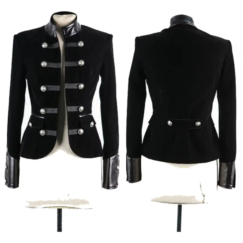 Women Gothic Black Velvet Jacket Leather Accents Jacket