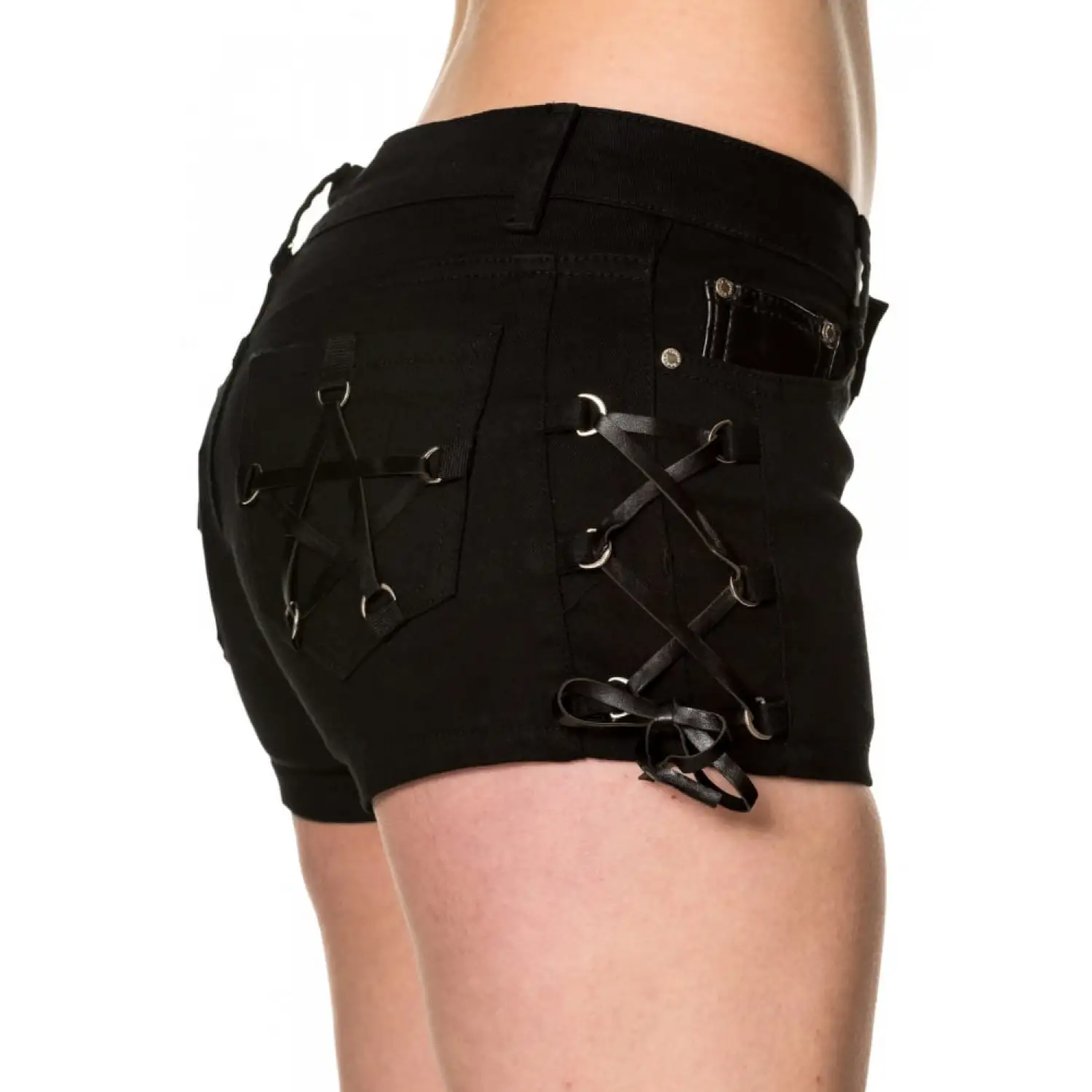 Womens black mini shorts with side lace-up details, grommets, banned style.