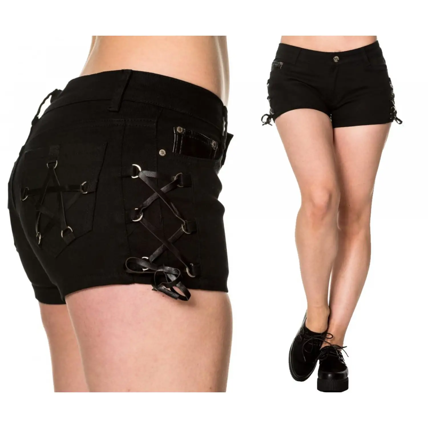 Womens black mini shorts with side lace-up details, grommets, banned style.