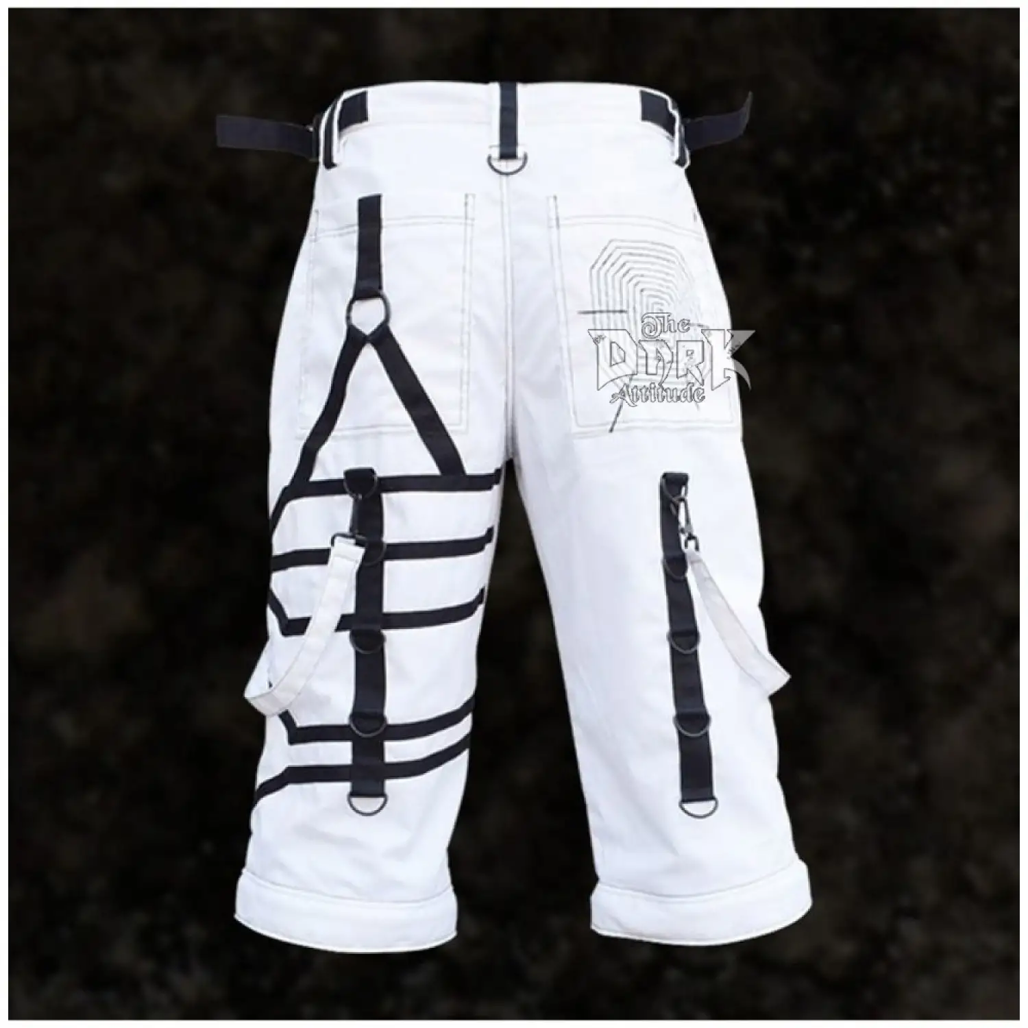 Men's white Cyberpunk Gothic cargo shorts featuring black tactical buckle straps and a linear design.