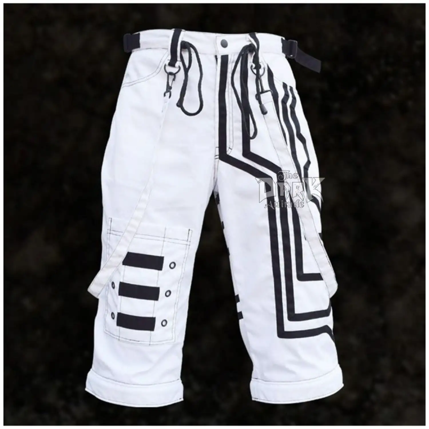 Men's white Cyberpunk Gothic cargo shorts featuring black tactical buckle straps and a linear design.