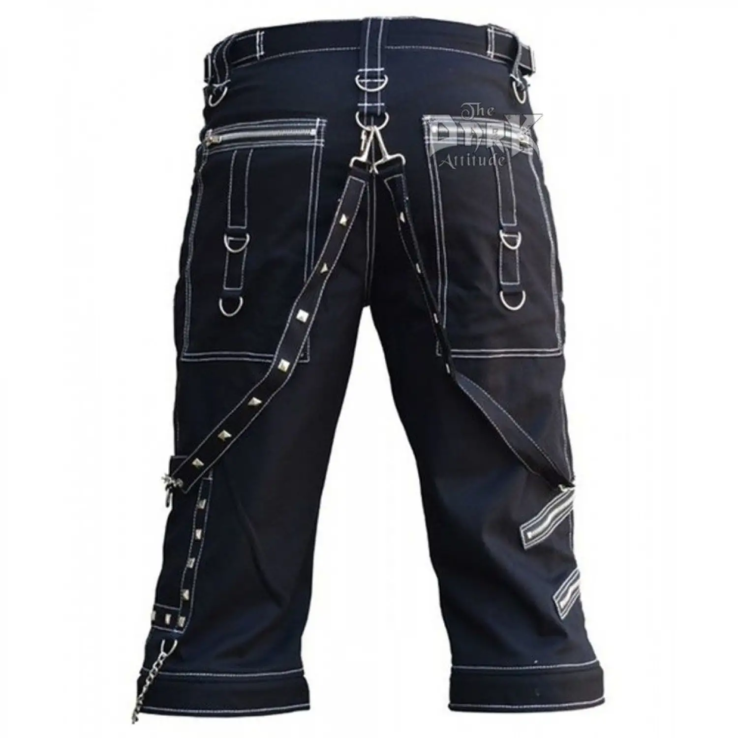 Men's black gothic knee-length shorts with white contrast stitching and removable chains.