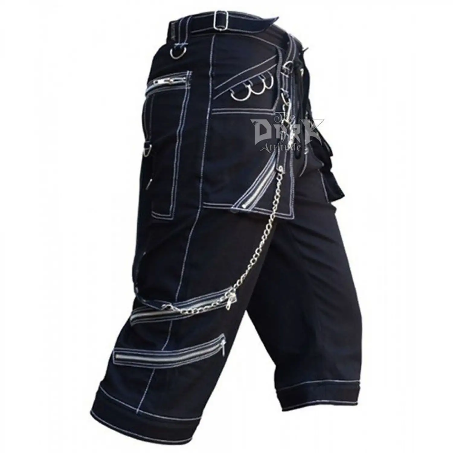Men's black gothic knee-length shorts with white contrast stitching and removable chains.