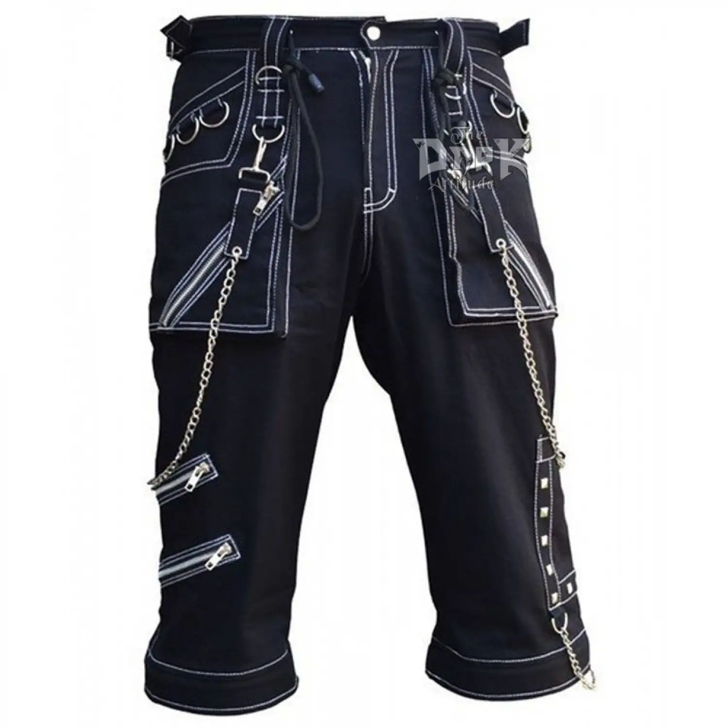 Men's black gothic knee-length shorts with white contrast stitching and removable chains.